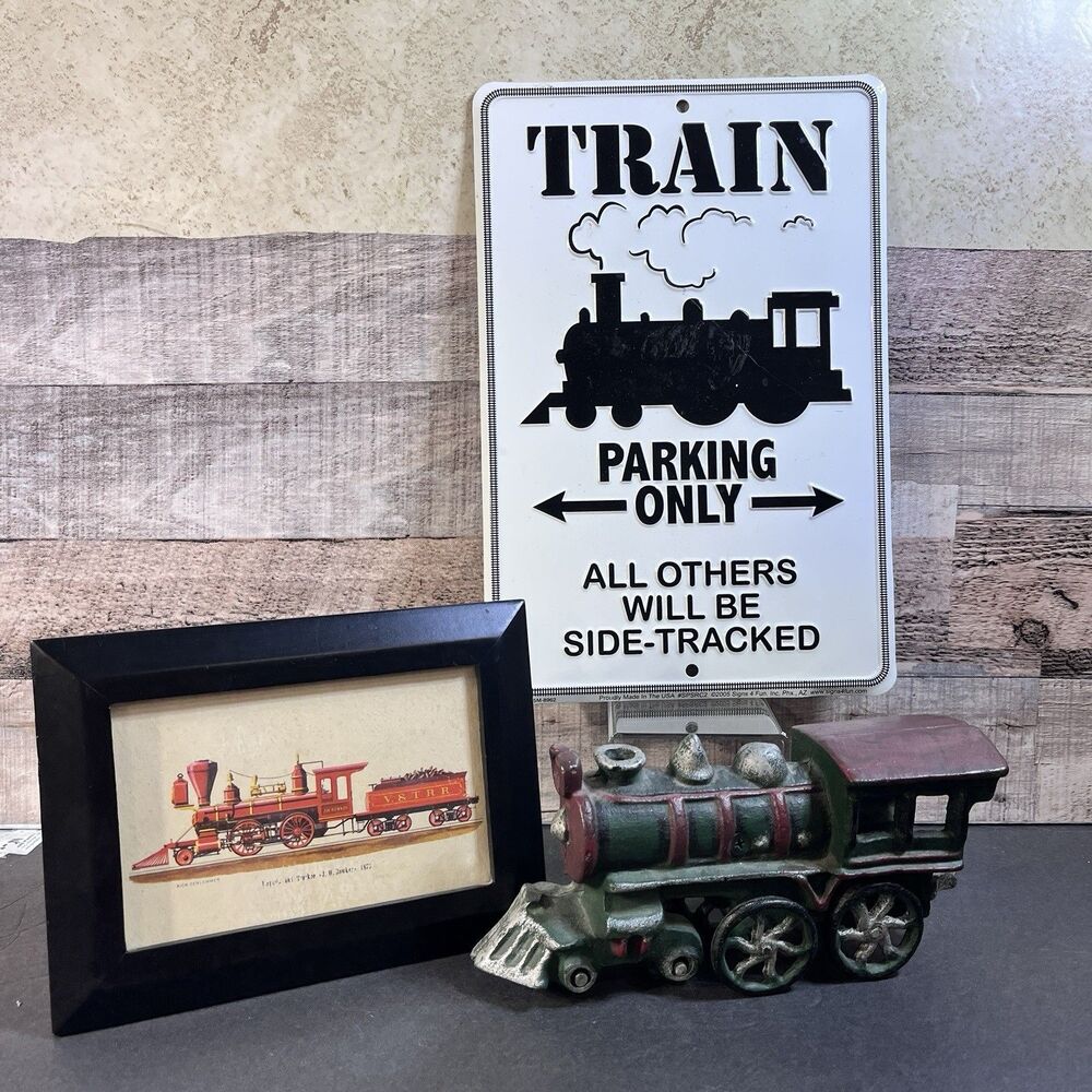 Railroad Decor Lot Cast Iron Train Engine Parking Sign Framed Locomotive Art